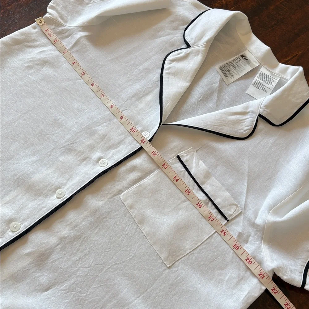 H&M Linen Blend Short Sleeved Shirt White Black Size Medium - Picture 9 of 13